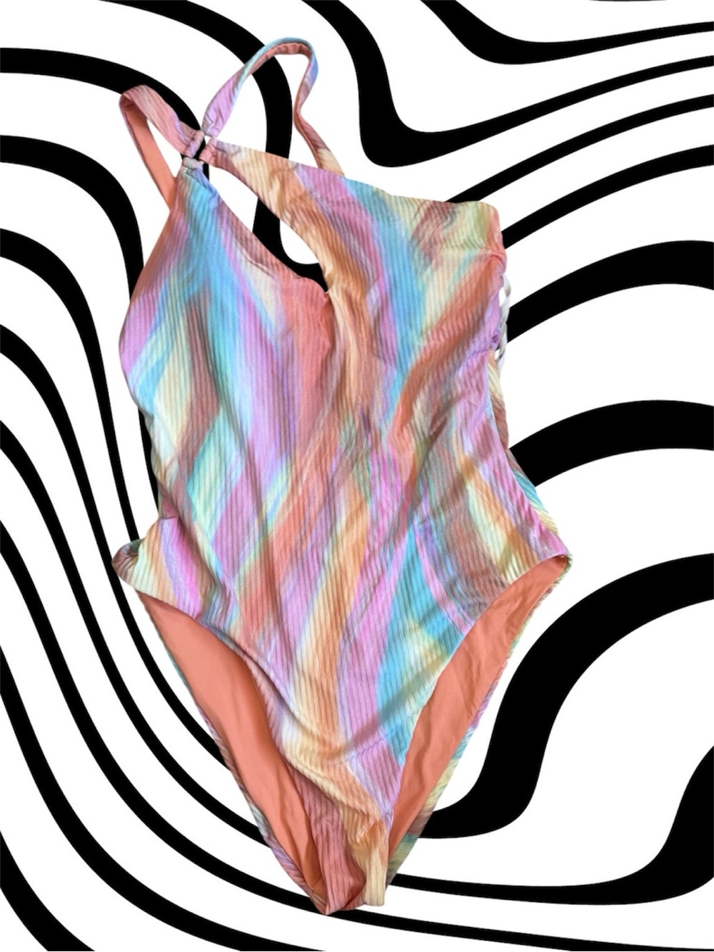 Pastel Rainbow Ribbed One-Piece Swimsuit - Peach Accents
